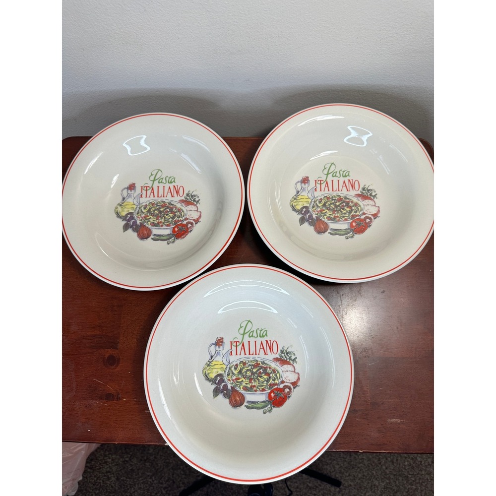 Trisa New Concept Stoneware Pasta Italiano Bowls Set of 3 Red Rim Cream